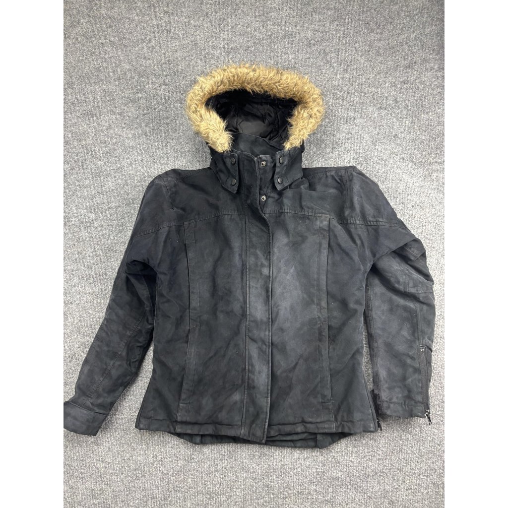 Outback Trading Company Jacket Womens Small Black Gold Cup Hooded Faux Fur Trim